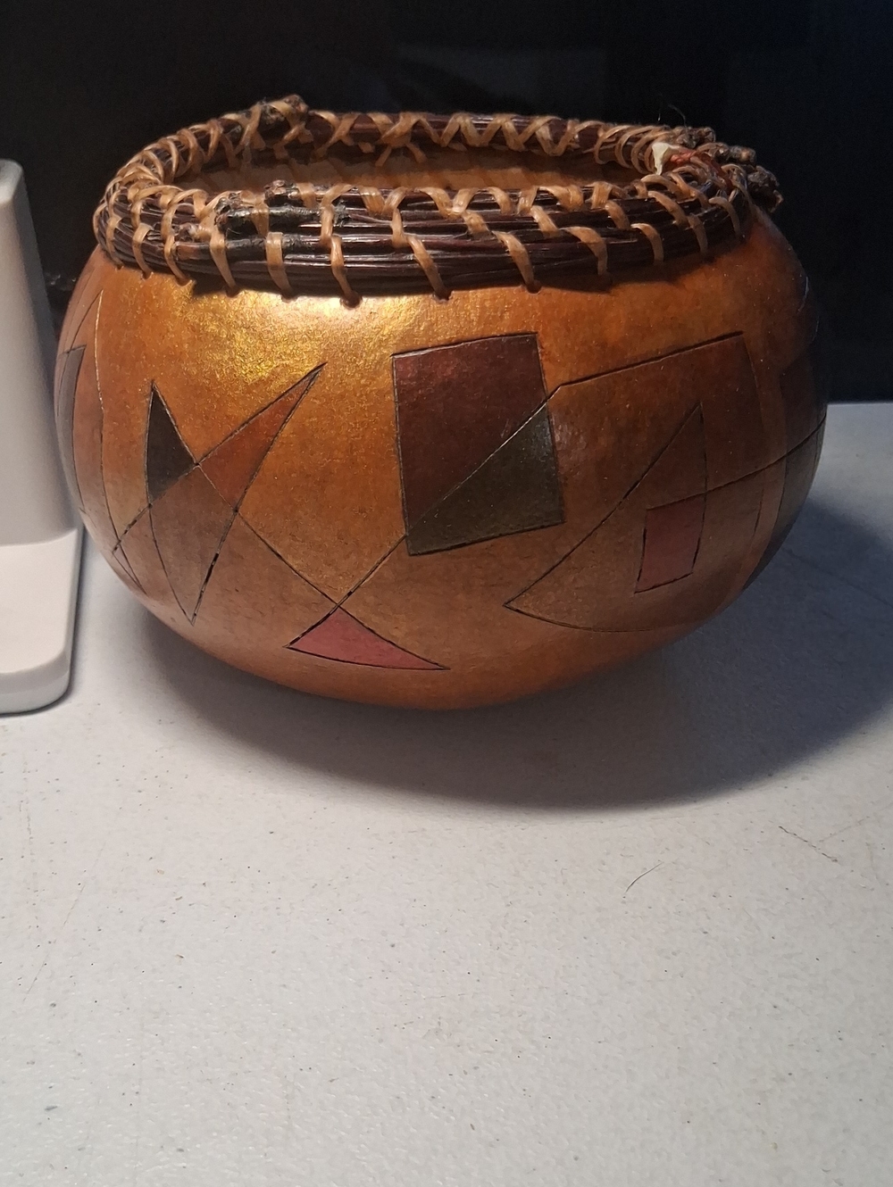 Handcrafted Gourd Basket by Shirley Given with a Woven Pine Needle Rim. #281